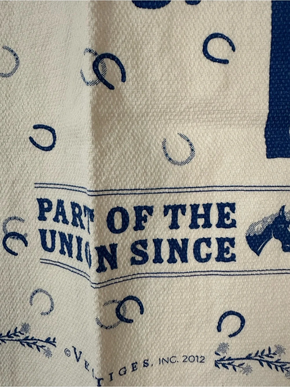 Old Home Kentucky dish towel blue white Daniel Boone horseshoe souvenir novelty